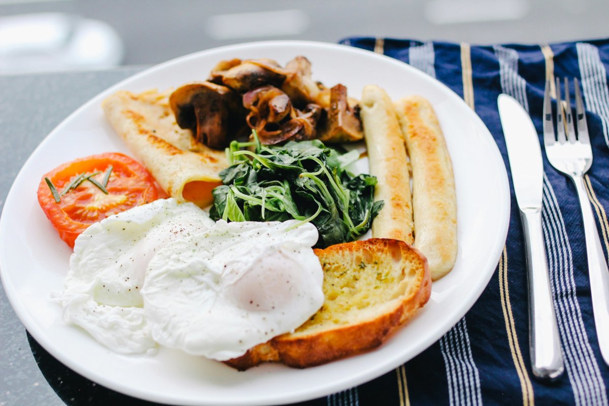 Plate of cooked breakfast with poached eggs, sausages, mushrooms and spinach
